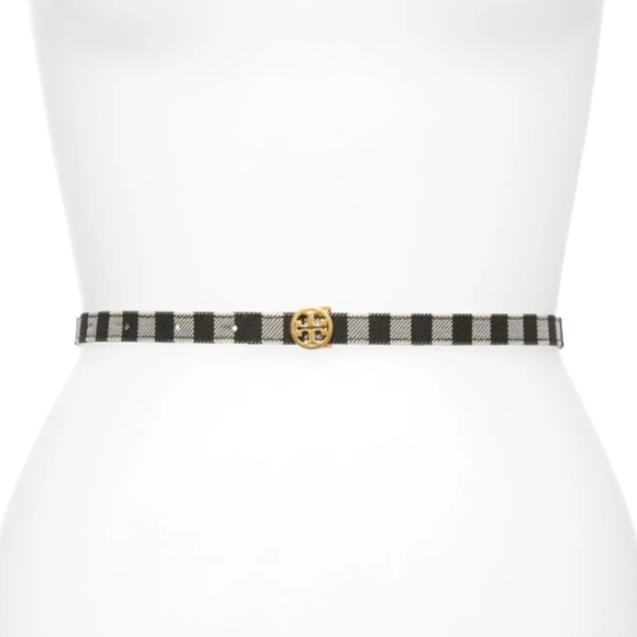 NWT $148 Tory Burch Gingham Skinny Logo Belt in sizes Small and Medium!